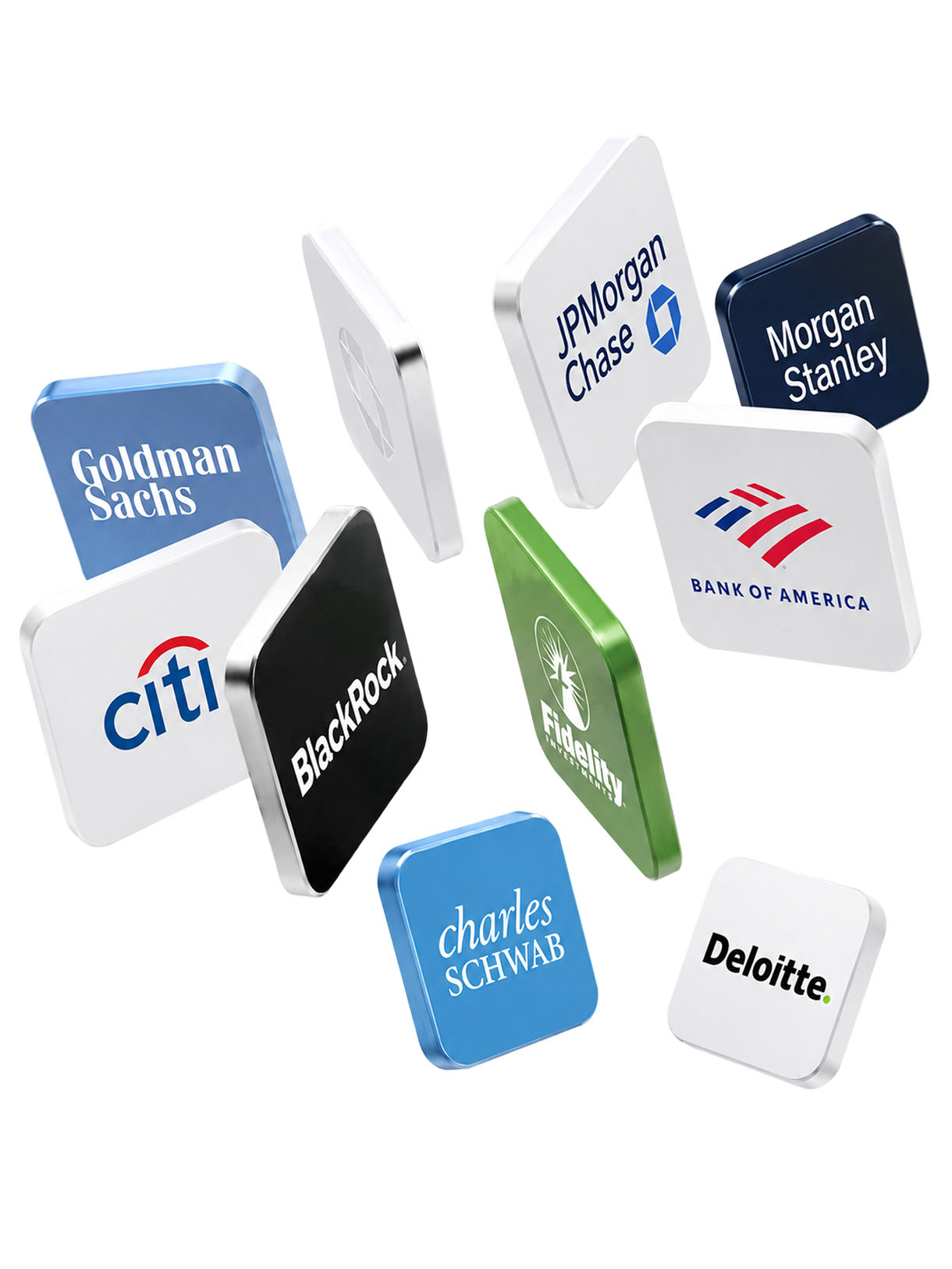 Floating company cards representing different competitive career tracks